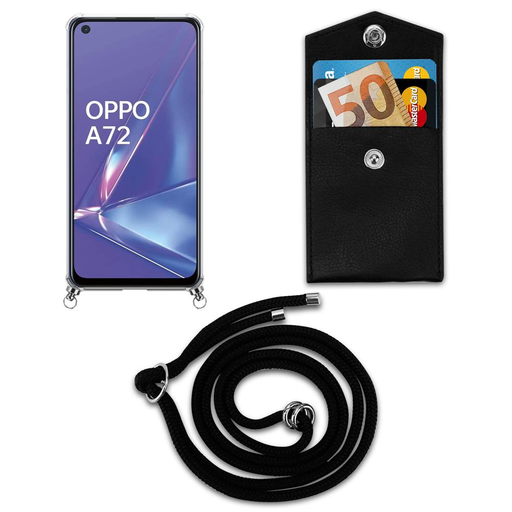 OPPO A72 Smartphone mit schwarzem Lederetui, 50-Euro-Schein und Lanyard.