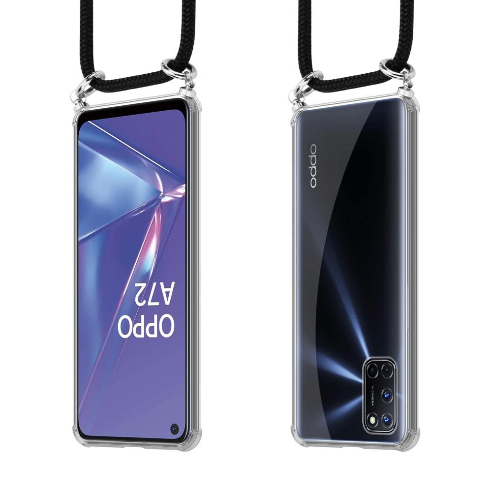 Zwei Ansichten eines schwarzen OPPO A72 Smartphones in einer Hülle mit Lanyard.