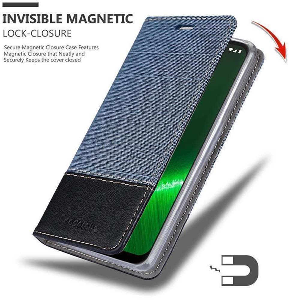 Custodia per telefono blu con dettaglio in pelle nera e chiusura magnetica.