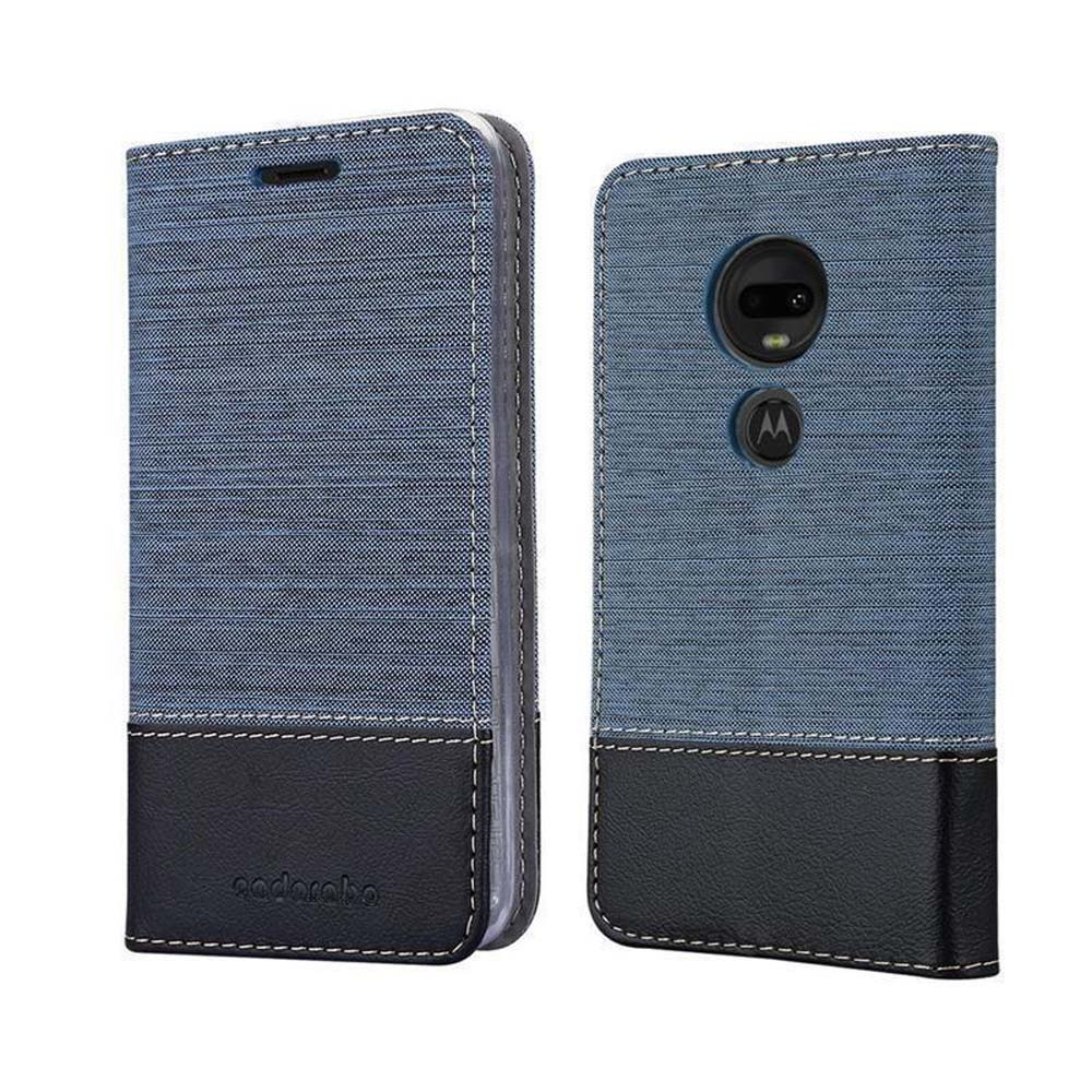Custodia blu per telefono con base in pelle nera, mostra fotocamera e logo.