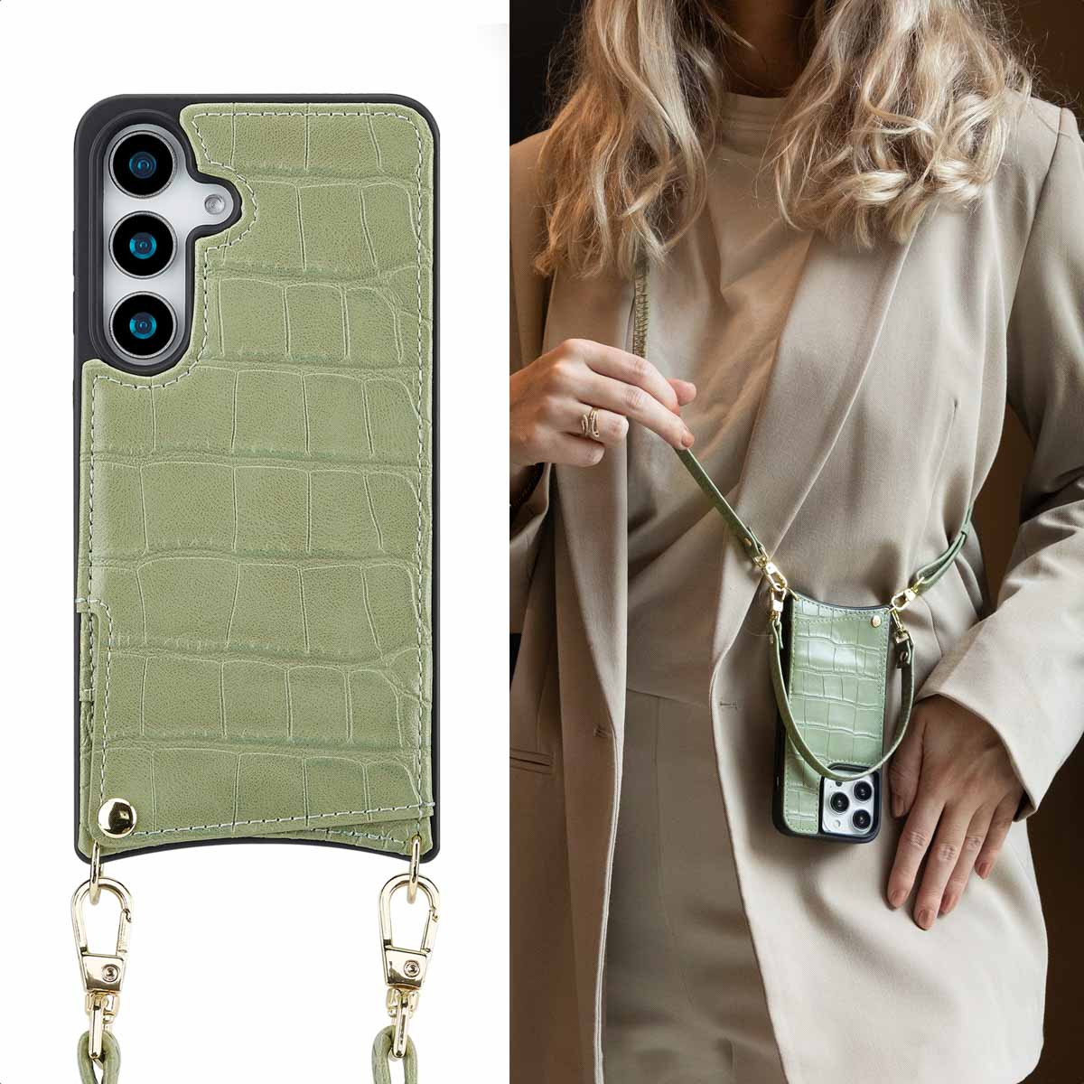 Groene krokodillenleren telefoonhoes met crossbody band en kaarthouder.