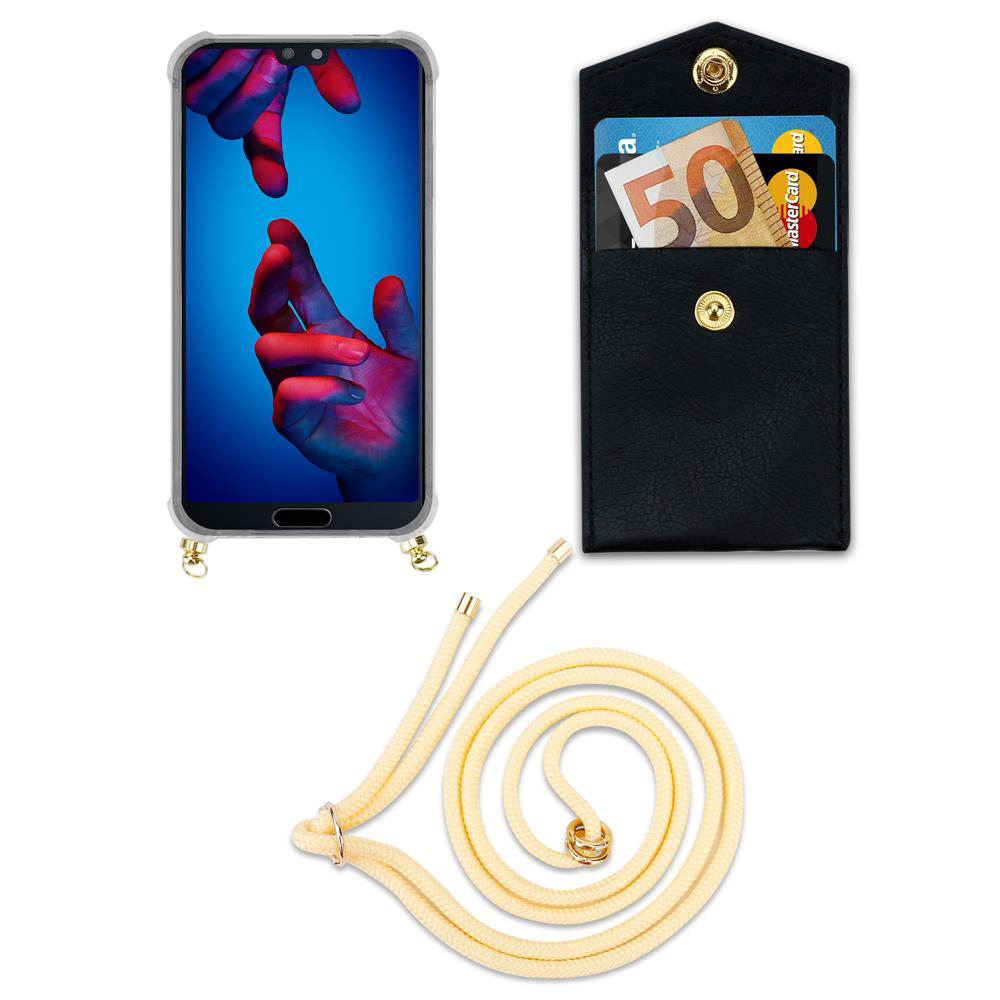 Smartphone con cover, porta carte nero con soldi e carte, laccetto giallo chiaro.