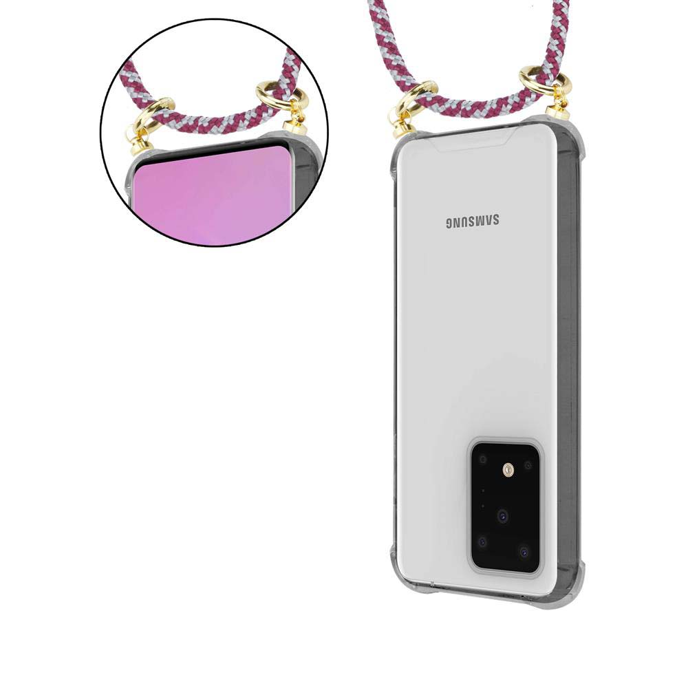 Un telefono trasparente con un sistema di fotocamere e un cordino.
