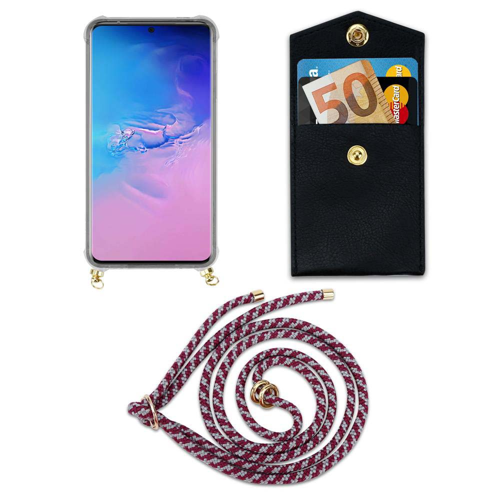 Smartphone con custodia, portafoglio con banconota in euro e carte, e cordino.