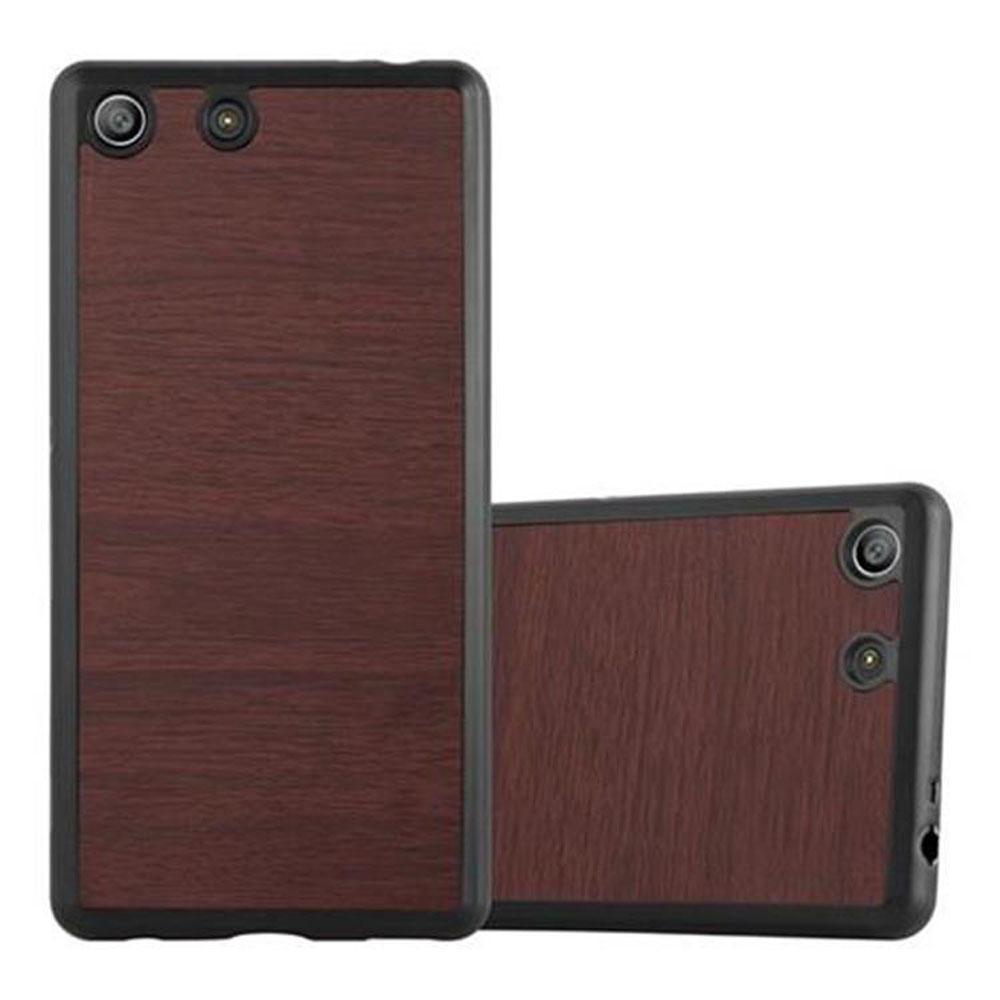Dos fundas de teléfono con textura de veta de madera, una vertical, la otra acostada. Patrón marrón oscuro.