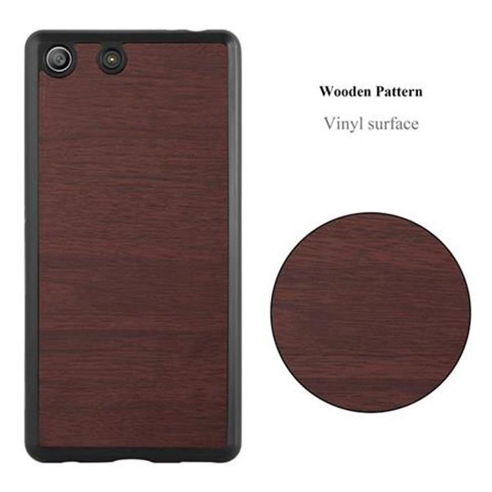 Funda de teléfono marrón oscuro con textura de veta de madera y dos lentes.