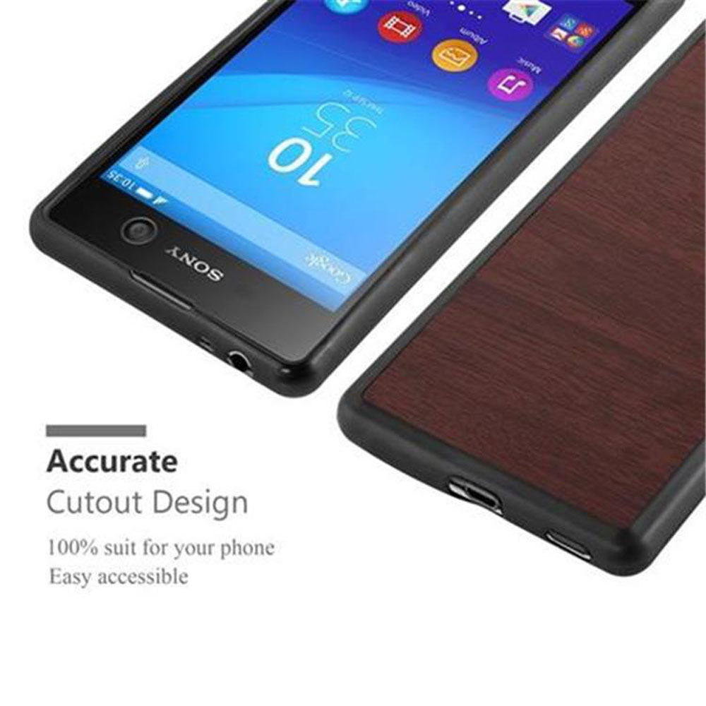 Smartphone Sony con funda de patrón de madera, mostrando hora 10:35.