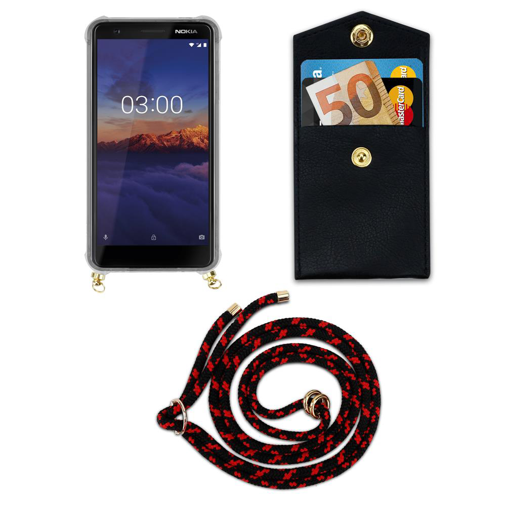 Ein Nokia Smartphone mit Hülle, Kartenetui mit Geld und Karte, und Lanyard.