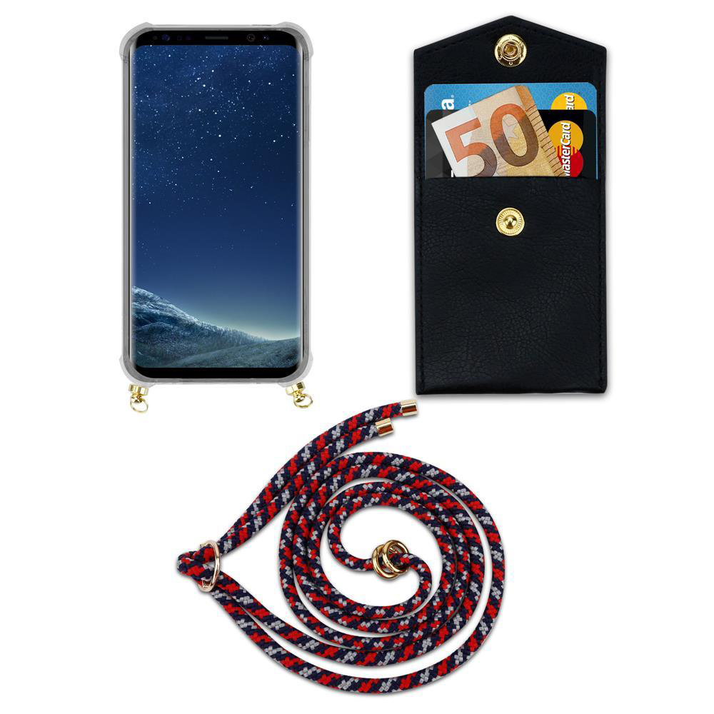 Uno smartphone, un porta carte nero con banconote e carte euro, e un cordino arrotolato.