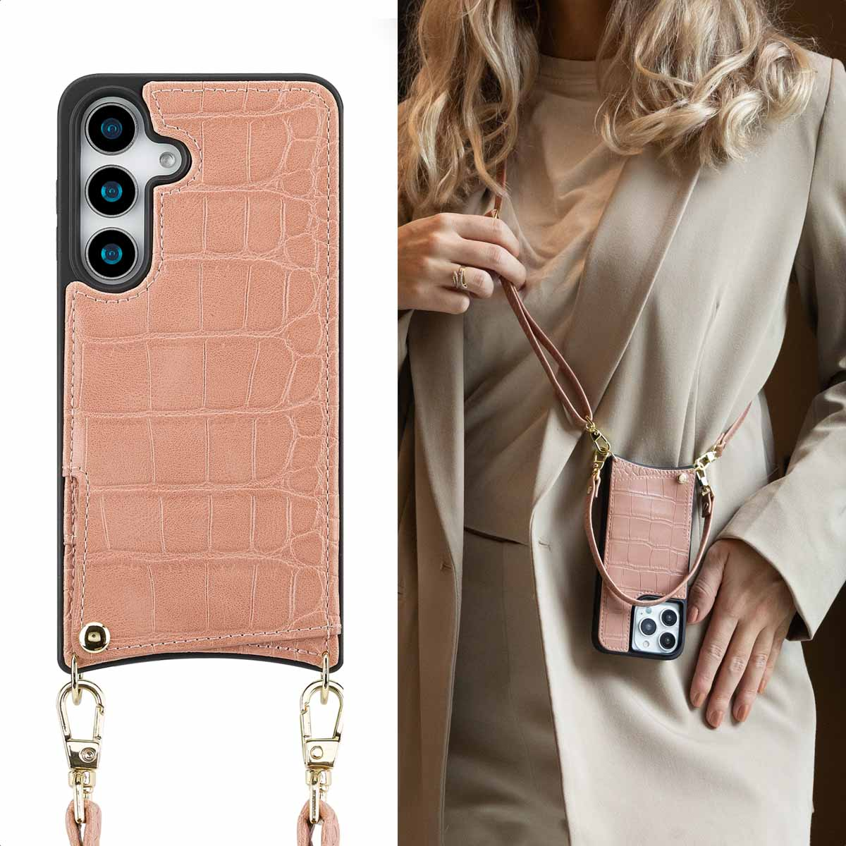 Een roze krokodillenprint telefoonhoesje met bandje, gedragen door een vrouw in beige.