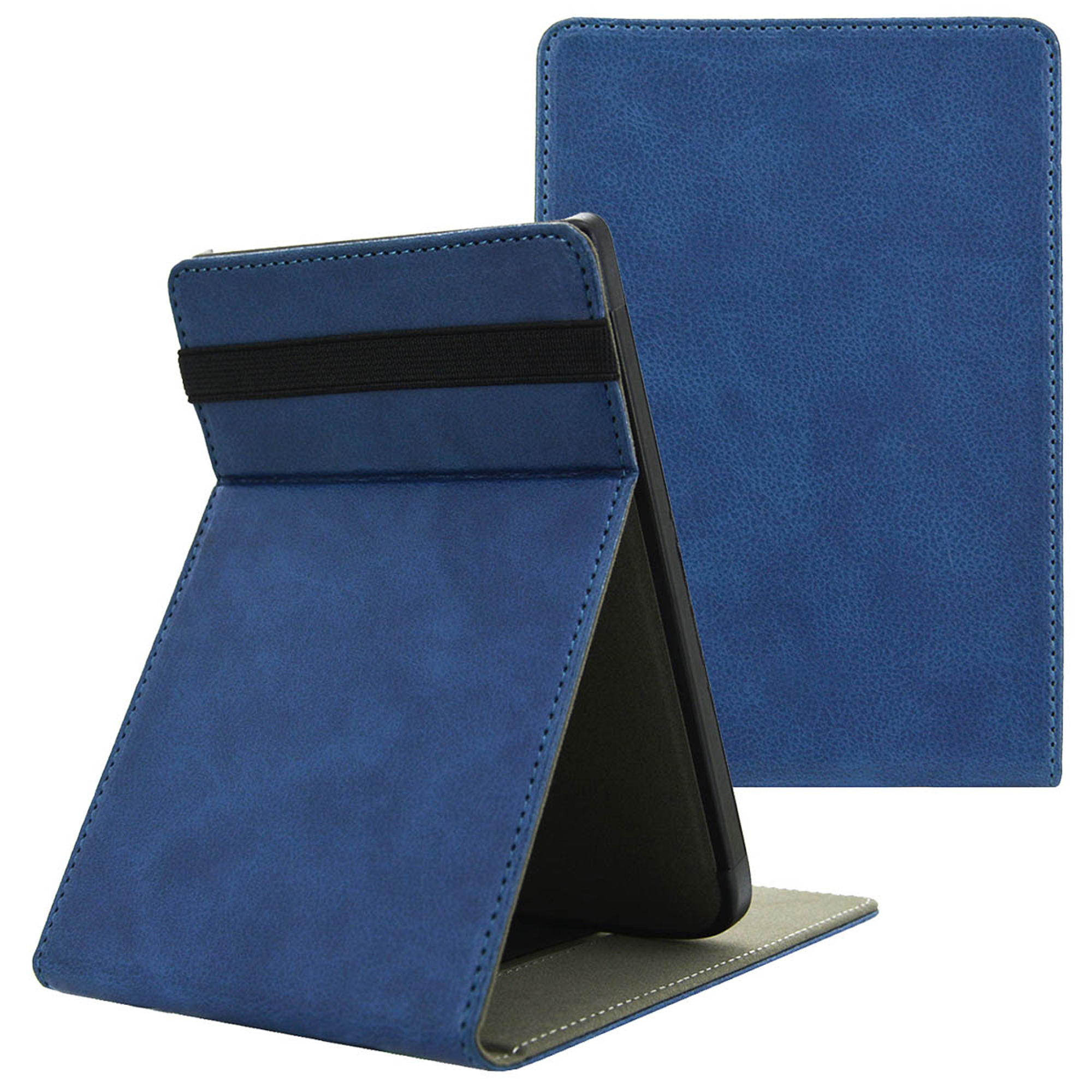 Un support de tablette bleu en similicuir paysage, ouvert sur un côté.
