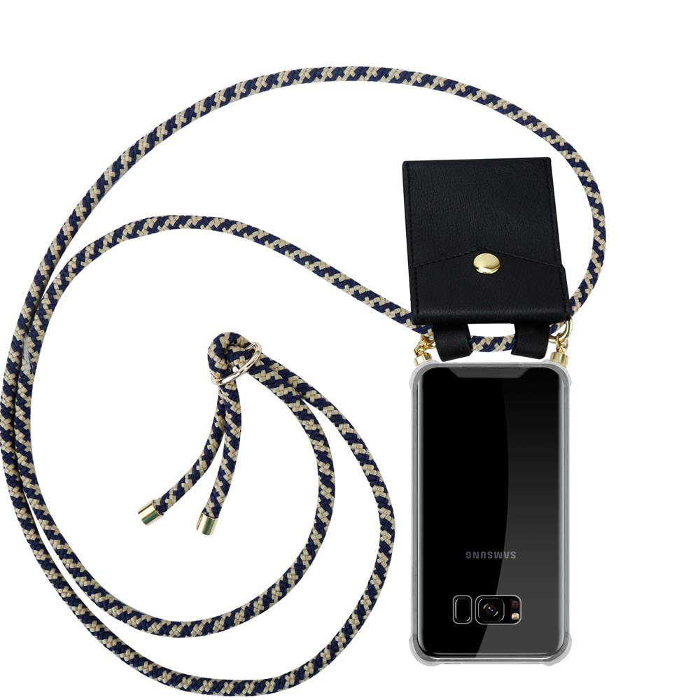 Custodia nera per telefono con laccetto e chiusura a bottone dorato su sfondo bianco.
