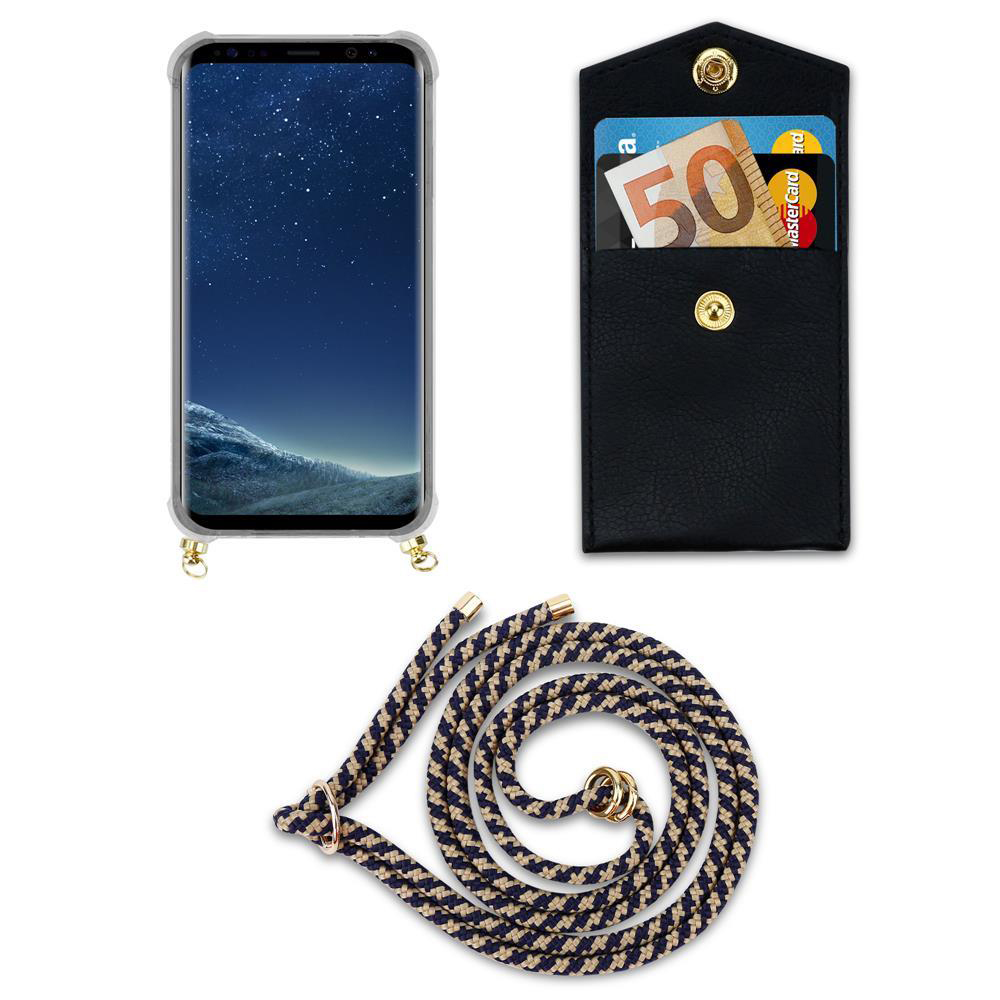 Uno smartphone in custodia, un portafoglio nero con carte e soldi, e un cordino.