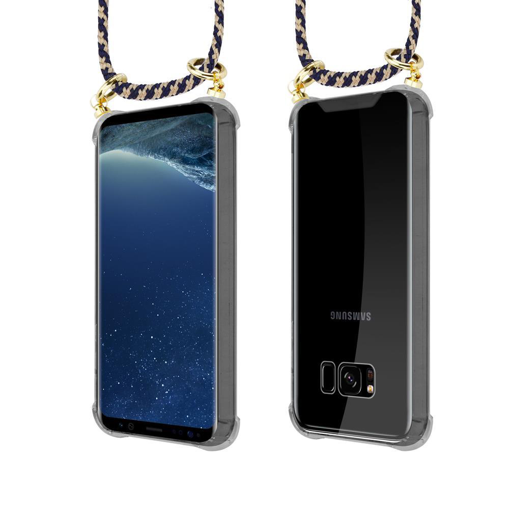 Due smartphone in custodie trasparenti con laccetti, viste frontale e posteriore.