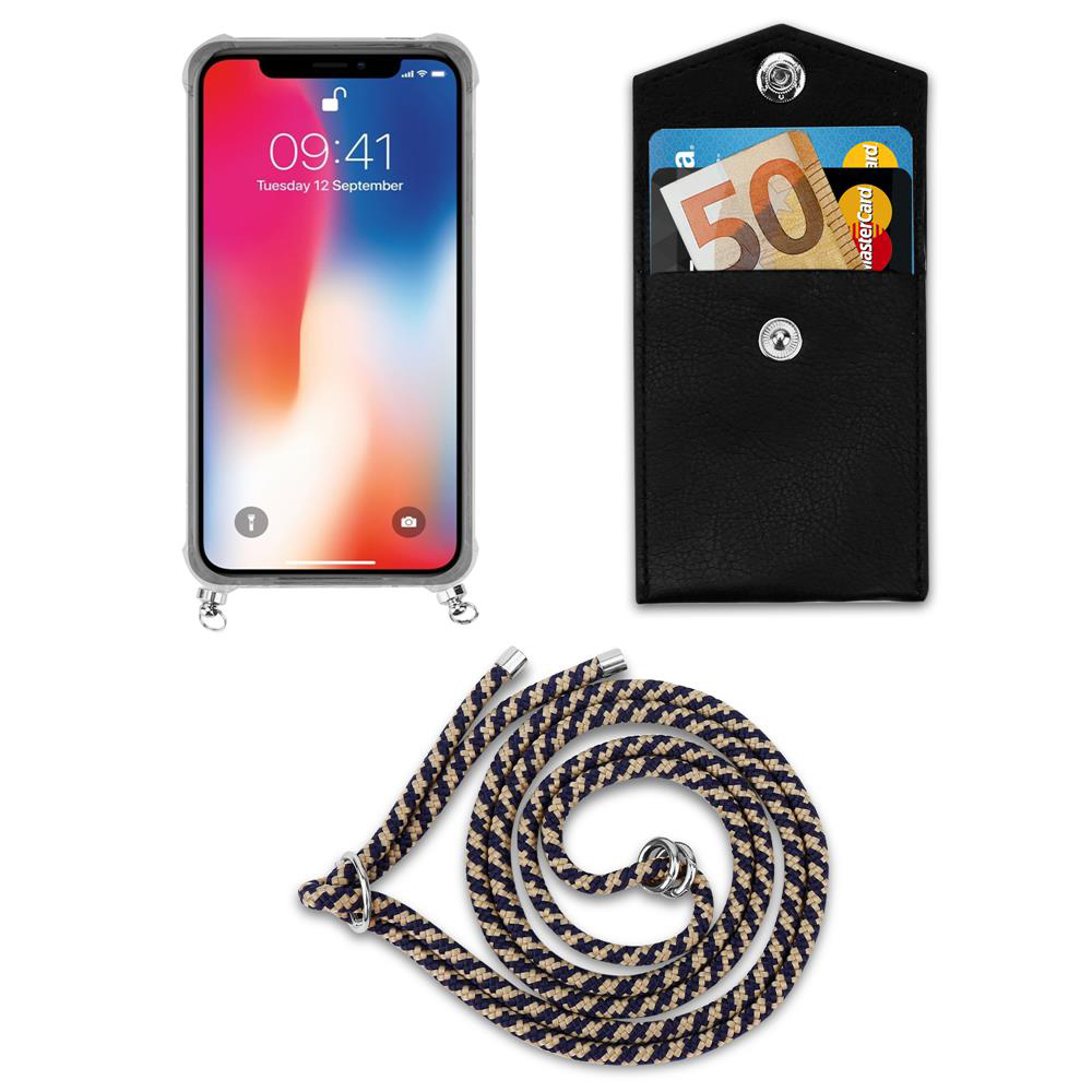 Uno smartphone, un portafoglio nero con banconota da 50 euro e un laccio.