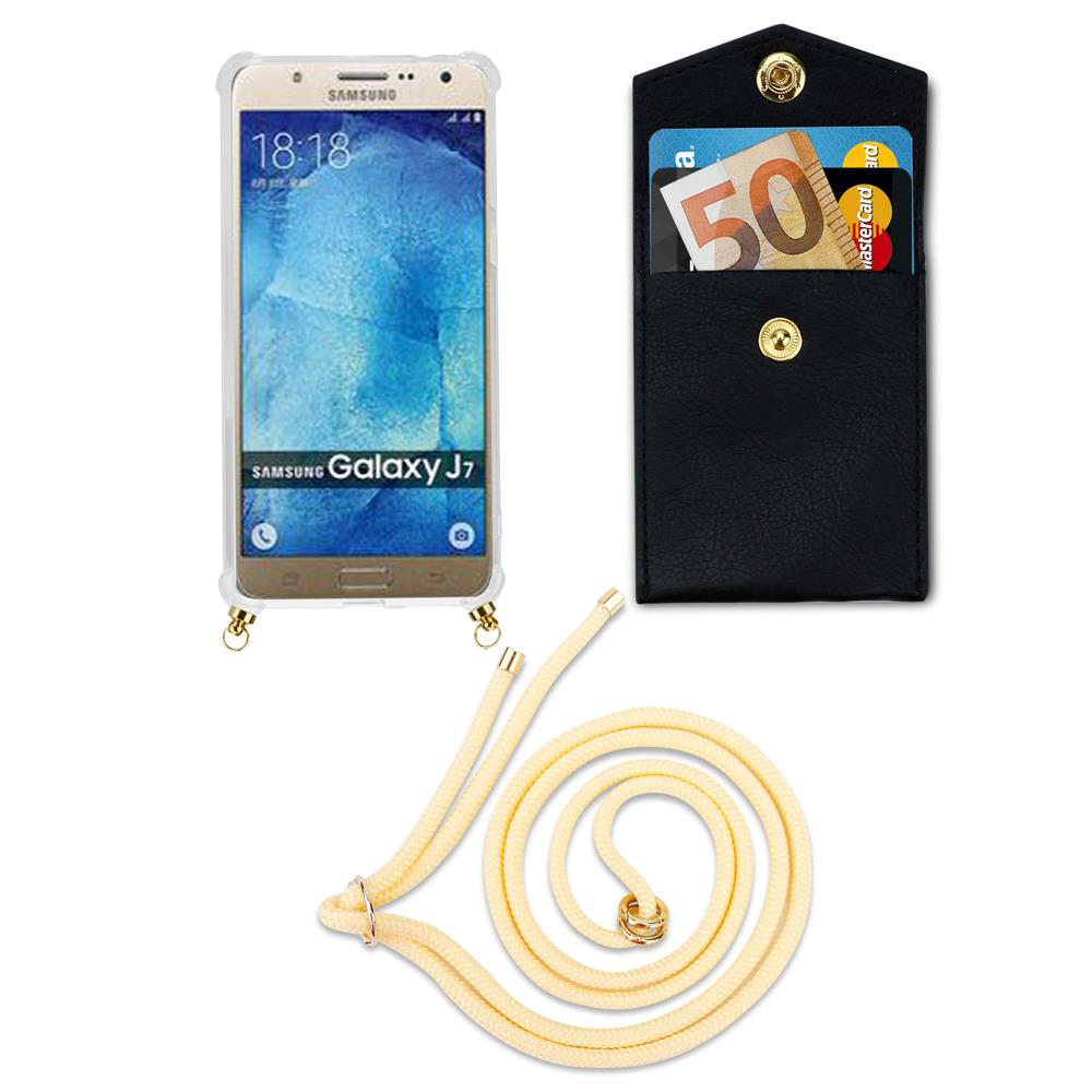 Un Samsung Galaxy J7 in custodia, porta carte nero con soldi e carte, e laccetto.
