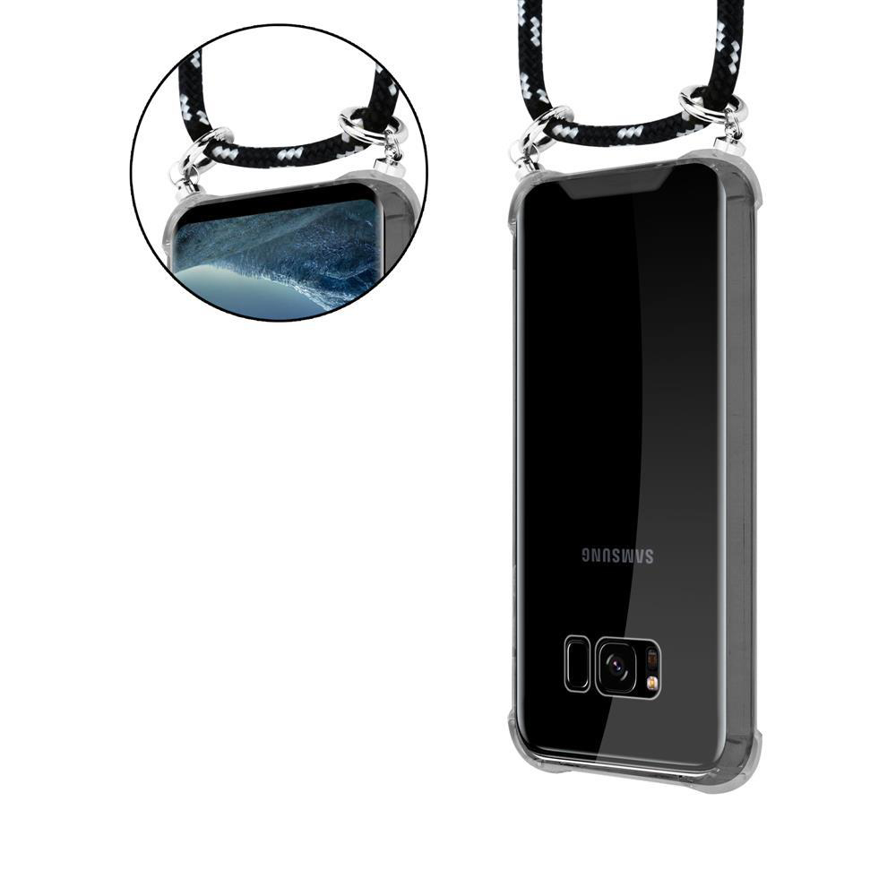 Ein durchsichtiger Handyhülle mit Lanyard, zeigt ein Samsung Telefon.