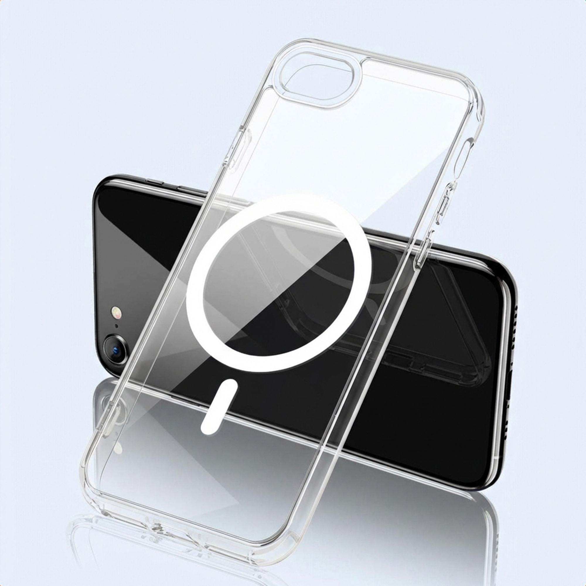 Klarer Handyhülle mit weißem Kreis auf schwarzem Handy.