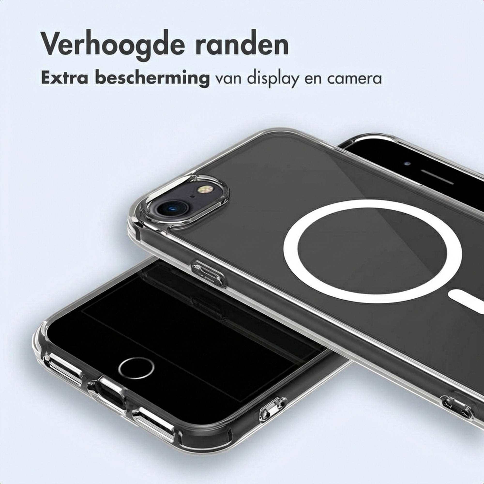 Transparente Handyhülle mit erhabenem Rand und MagSafe-Ring auf schwarzem iPhone.