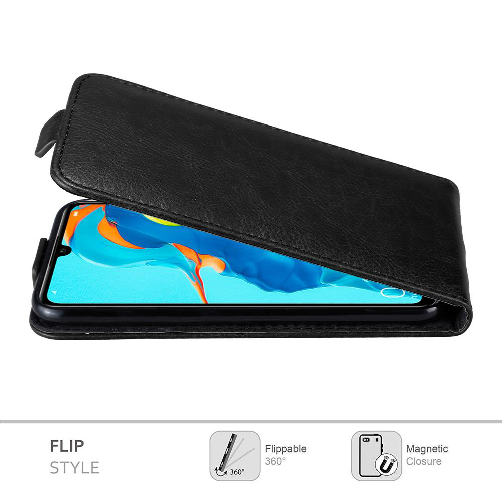 Custodia nera a flip per telefono con display aperto che mostra un'immagine colorata.
