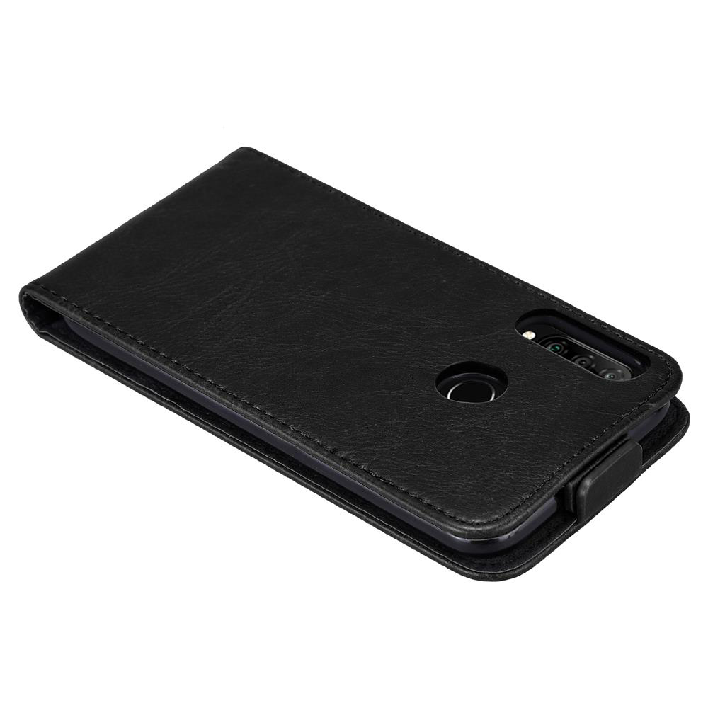 Custodia a libro in pelle nera per smartphone con foro fotocamera e sensore impronte.