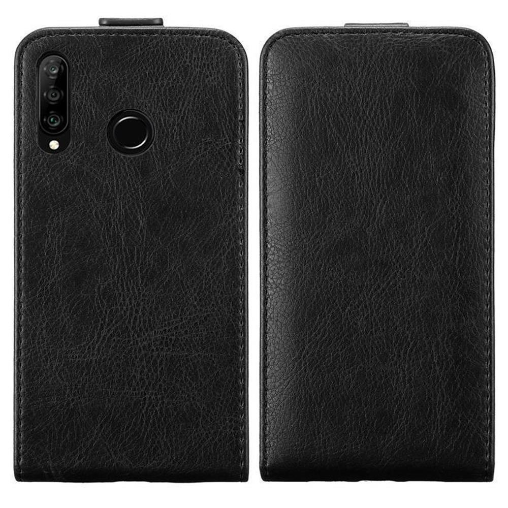 Custodia a libro in pelle nera per smartphone, viste frontale e posteriore.