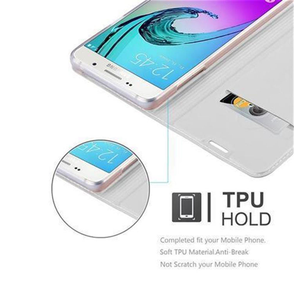 Uno smartphone con sfondo a onda blu in una custodia TPU trasparente.