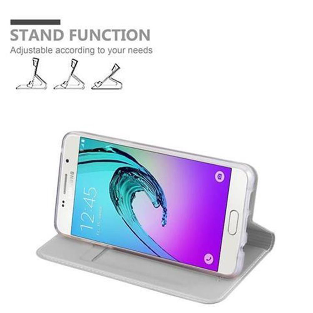 Smartphone bianco in custodia grigio chiaro, mostra le 12:45. Tre icone di supporto sopra.