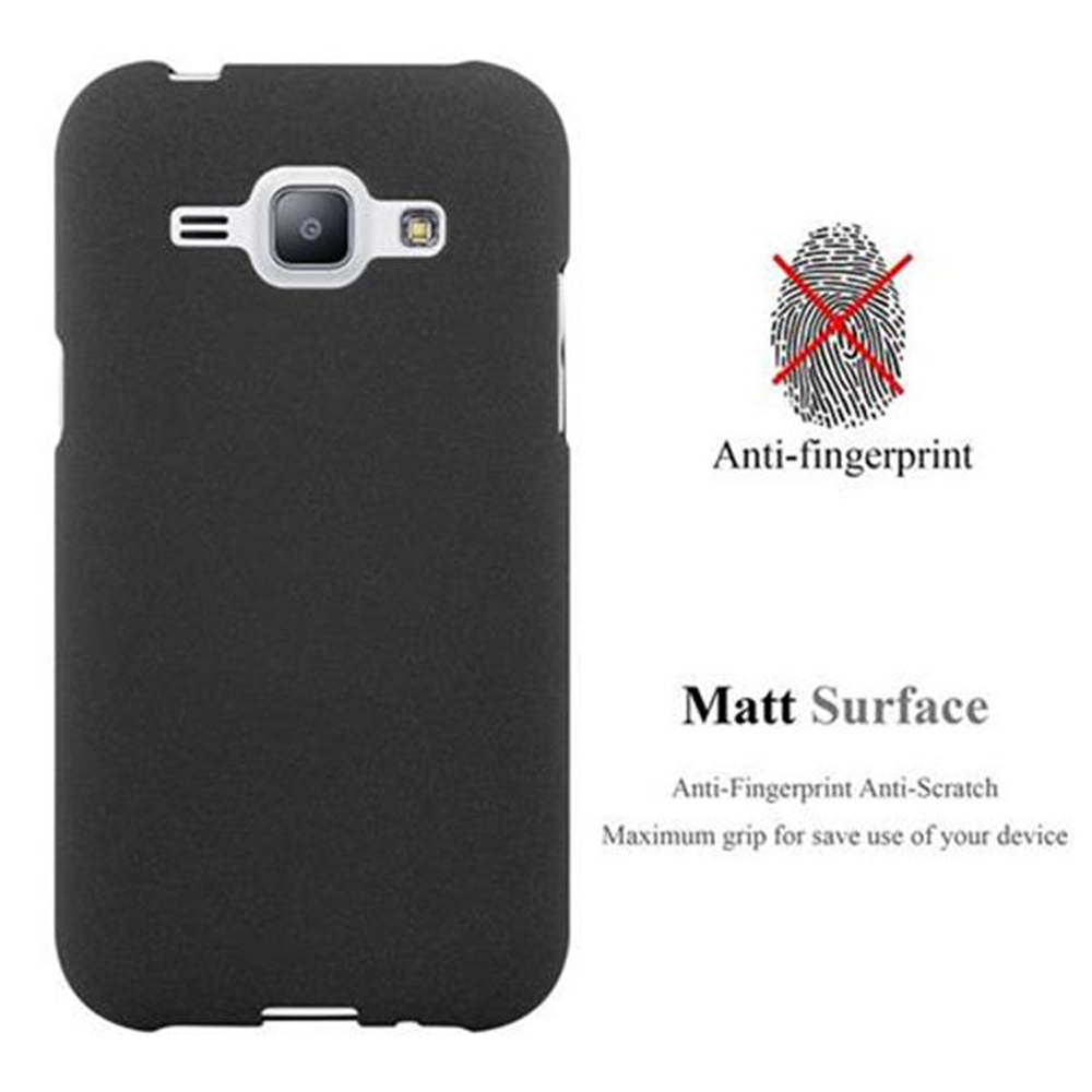 Cover nera per telefono con ritaglio fotocamera e logo anti-impronta.