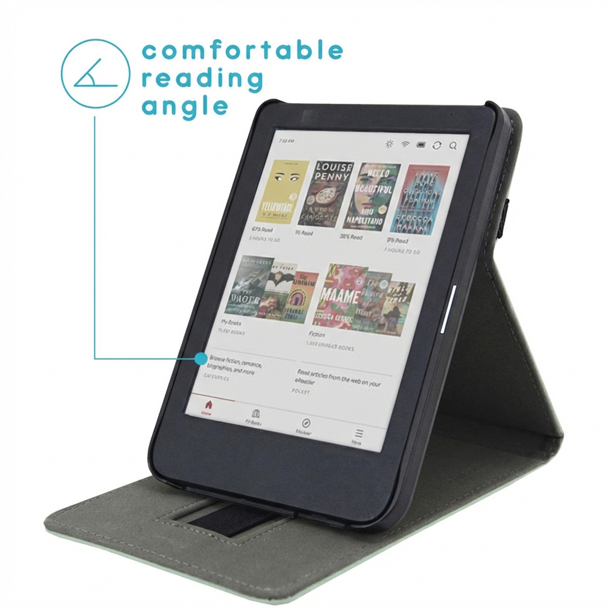 An e-reader stands on a gray stand, displaying book covers.