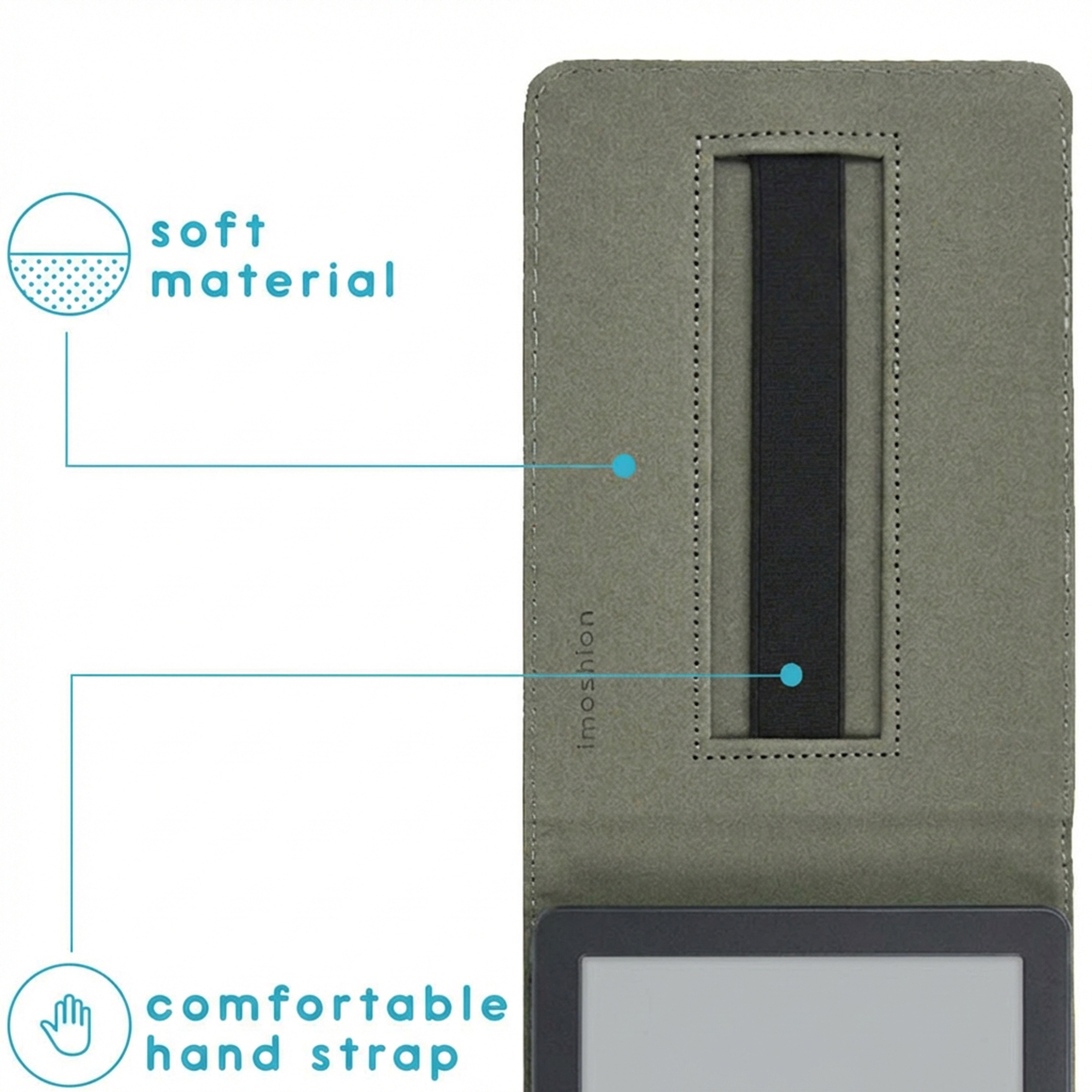 A green Kindle cover with a black strap and 'soft material' text.