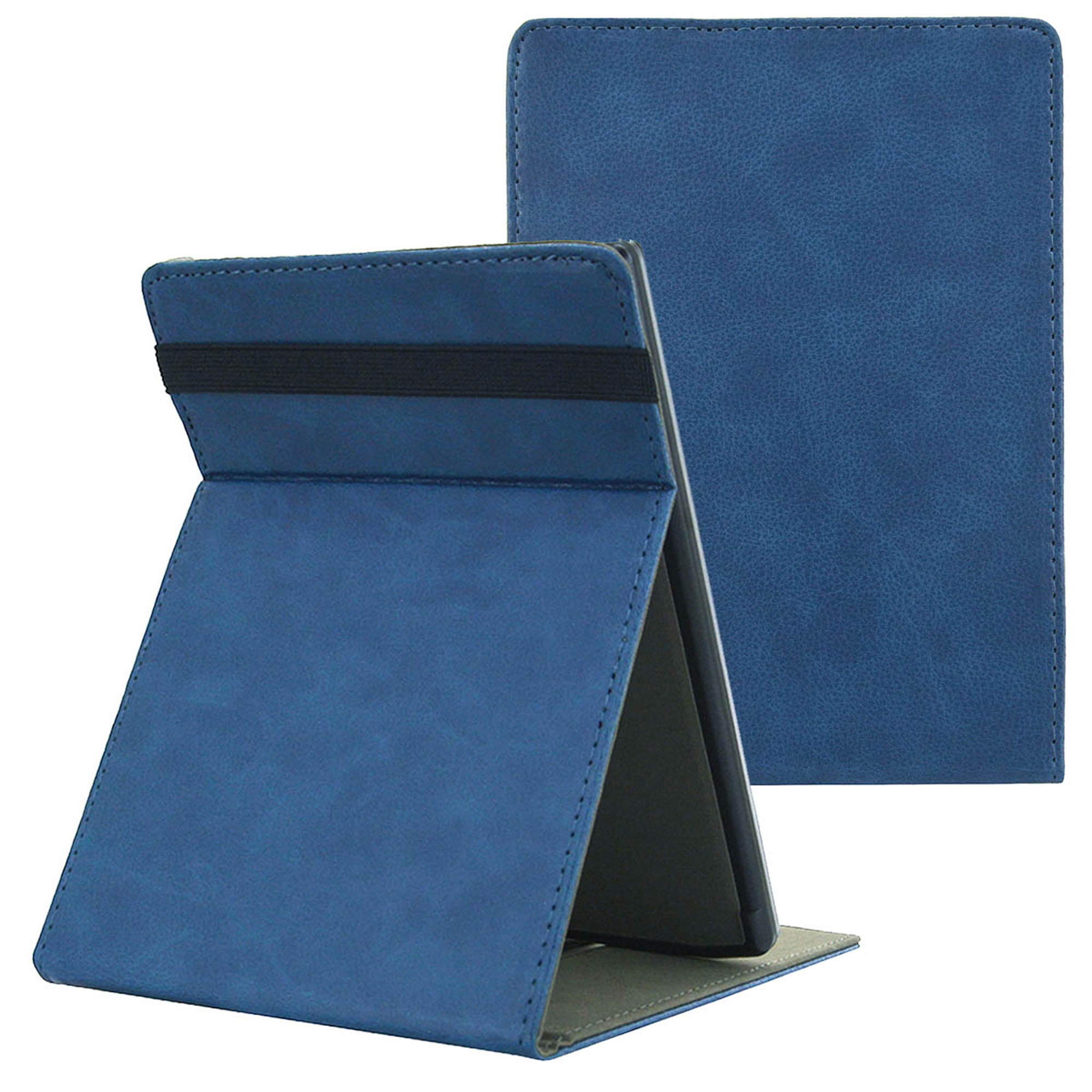 Un étui bleu pour tablette est debout, avec un autre derrière.