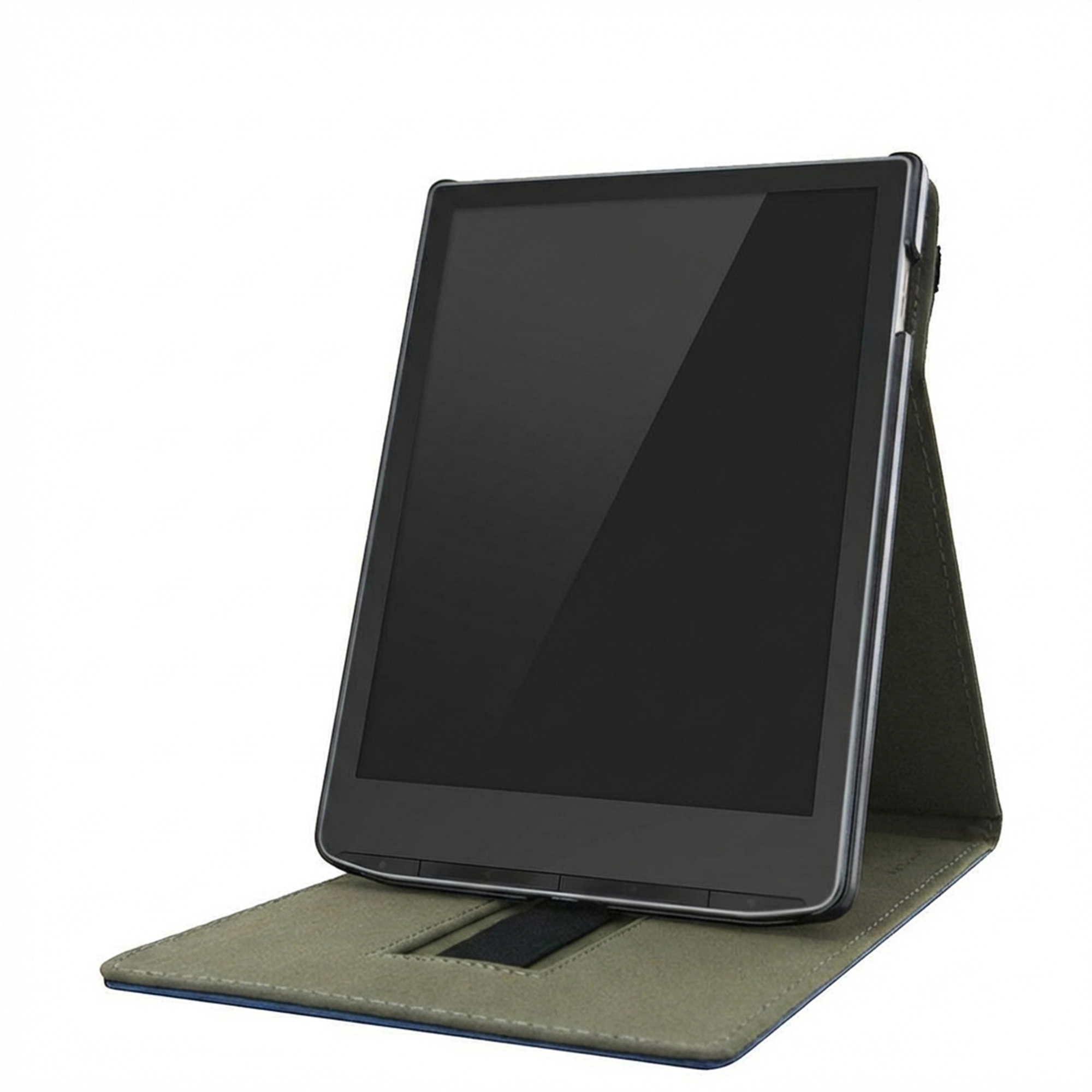 Une tablette noire dans un étui vert ouvert, posée sur une surface blanche.