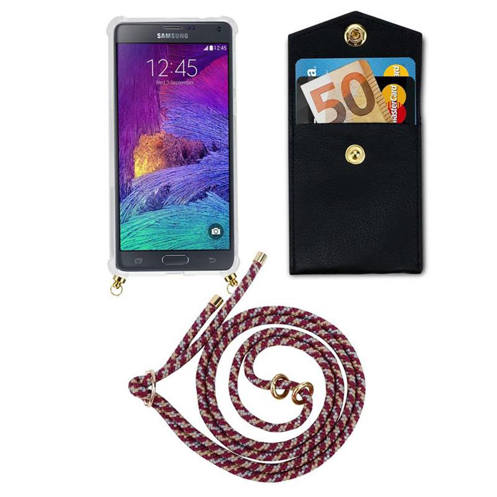 Uno smartphone in custodia, una tasca nera con soldi e carte, e un cordoncino.