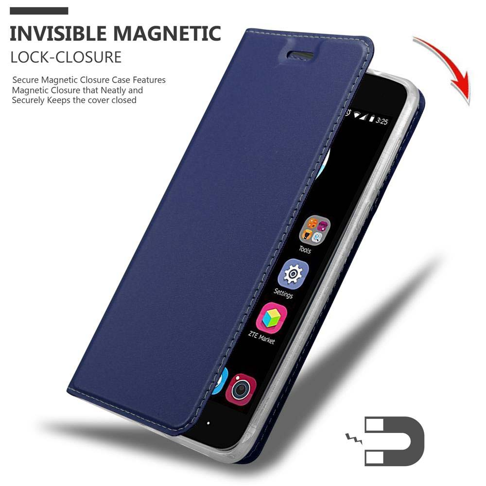 Funda de teléfono azul de cierre magnético abierta en un smartphone mostrando iconos.