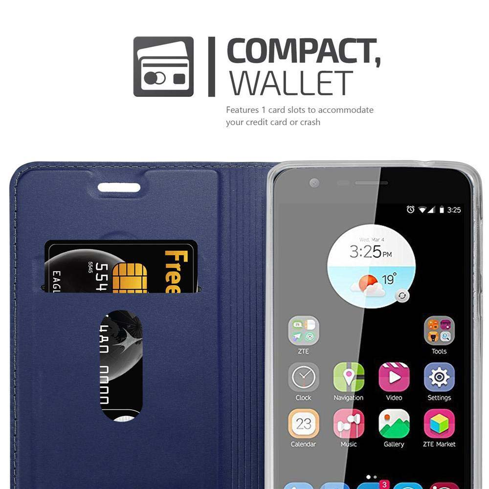 Una funda de teléfono azul con ranuras para tarjetas y un smartphone.