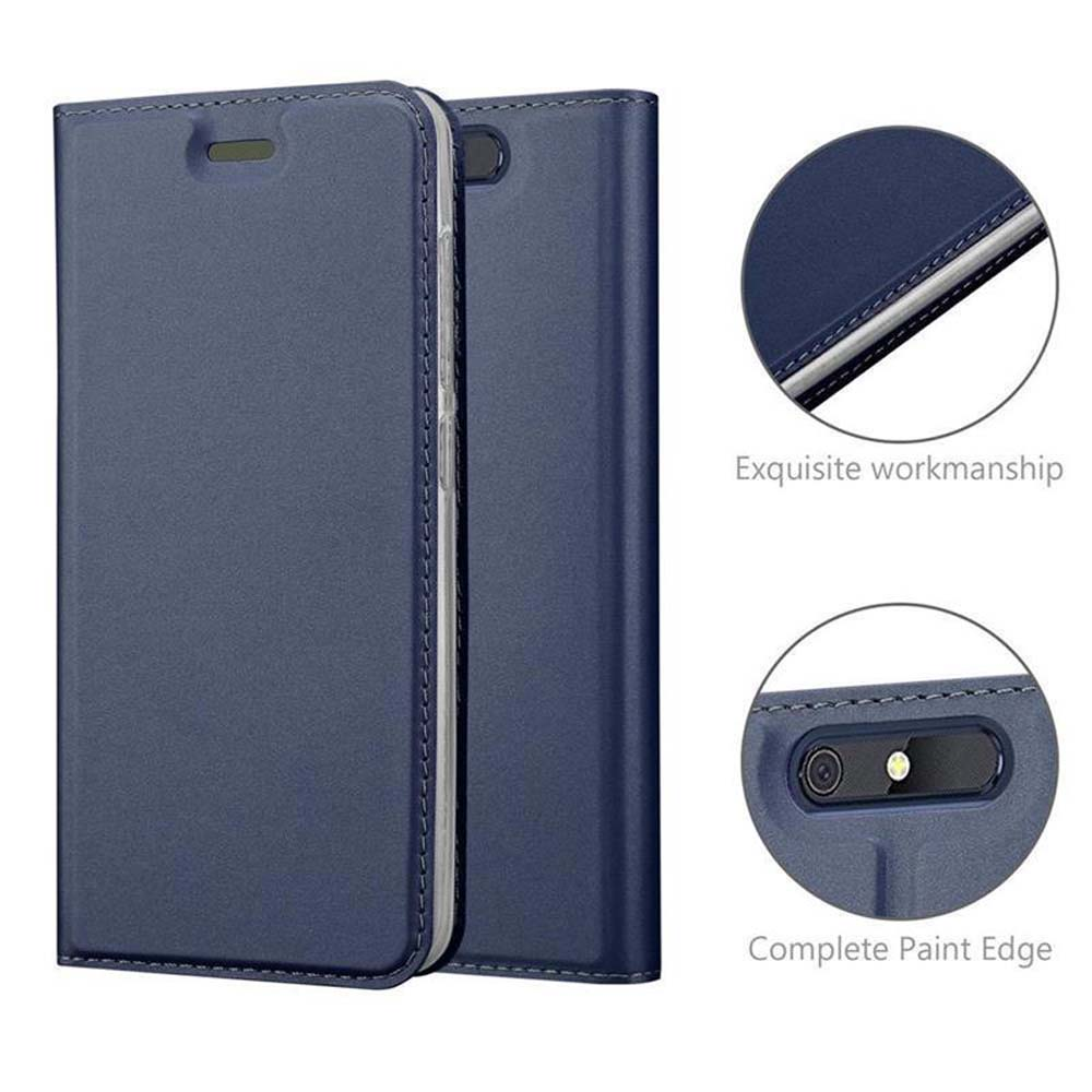 Funda azul marino para teléfono abatible con costuras finas y recorte de cámara.