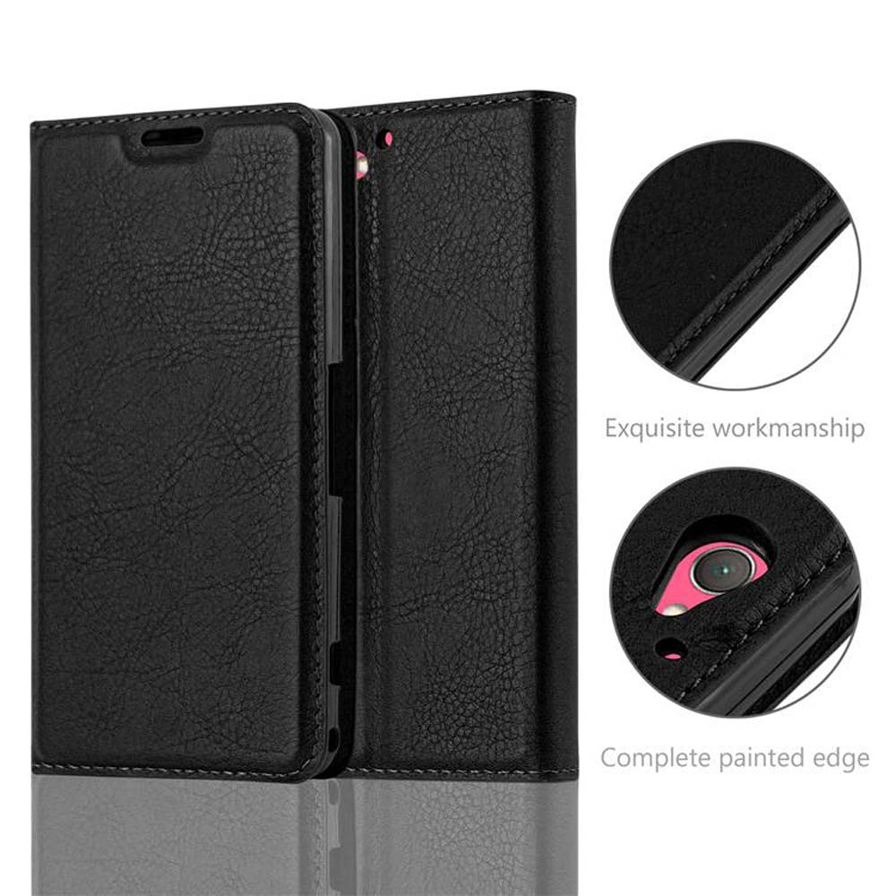 Funda negra texturizada para teléfono mostrada abierta con primeros planos de costuras y cámara.
