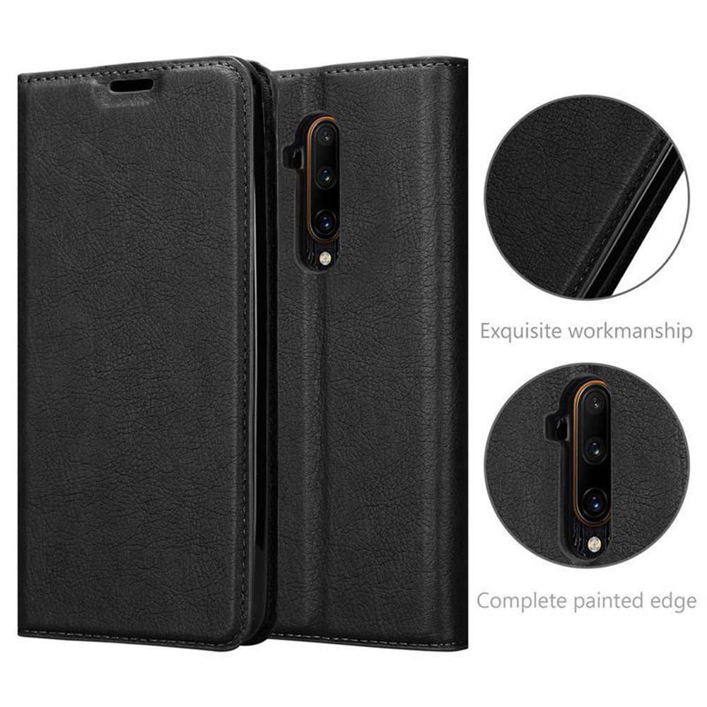 Schwarzes Leder-Flip-Case für ein Smartphone, zeigt Kameras und Kanten.