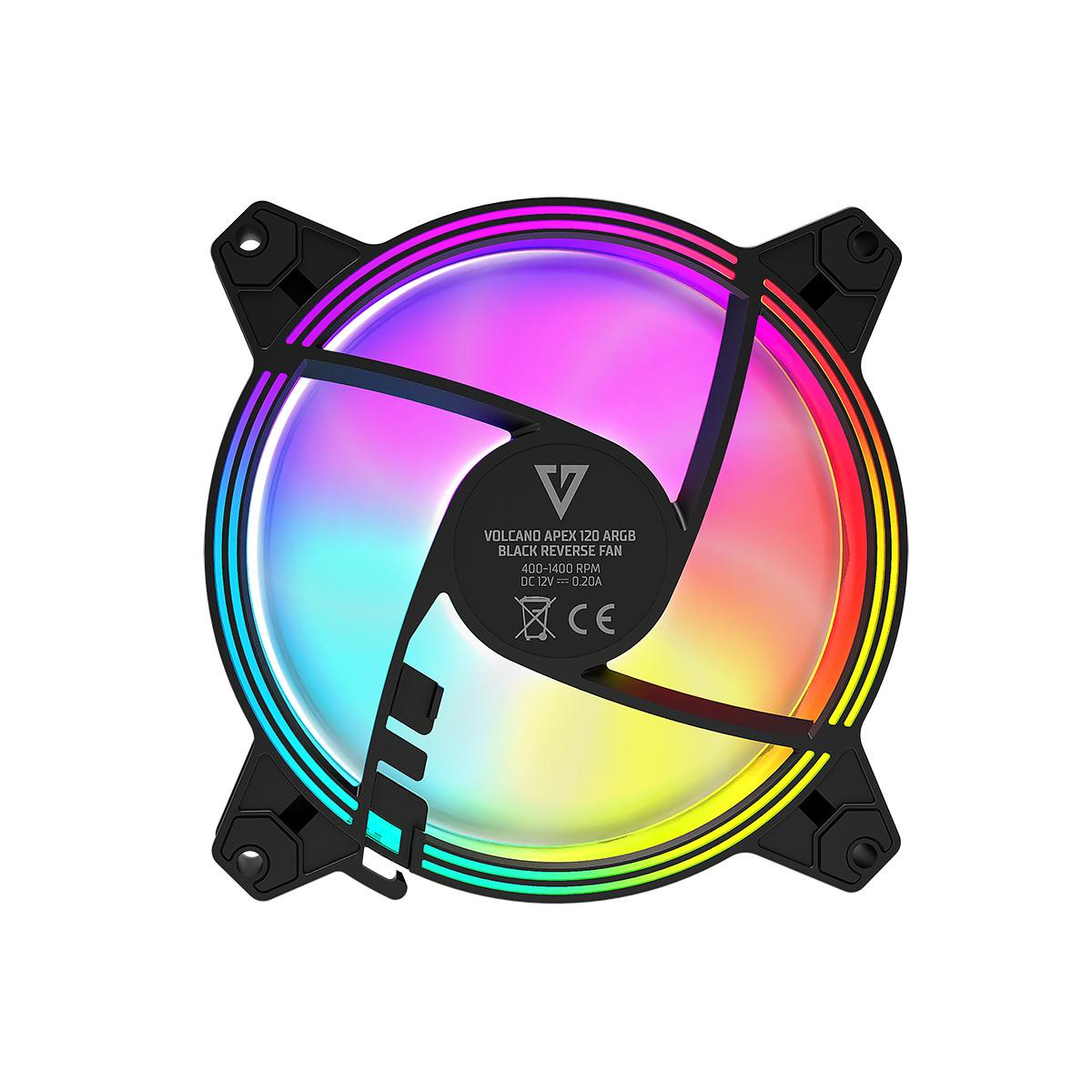 Czarny wentylator z podświetleniem ARGB i czarną ramką. Informacje na etykiecie.