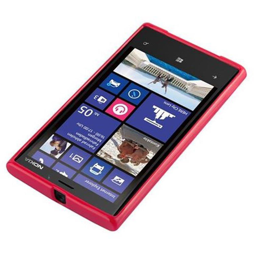 Uno smartphone Nokia rosso con schermata Start di Windows e diverse app.