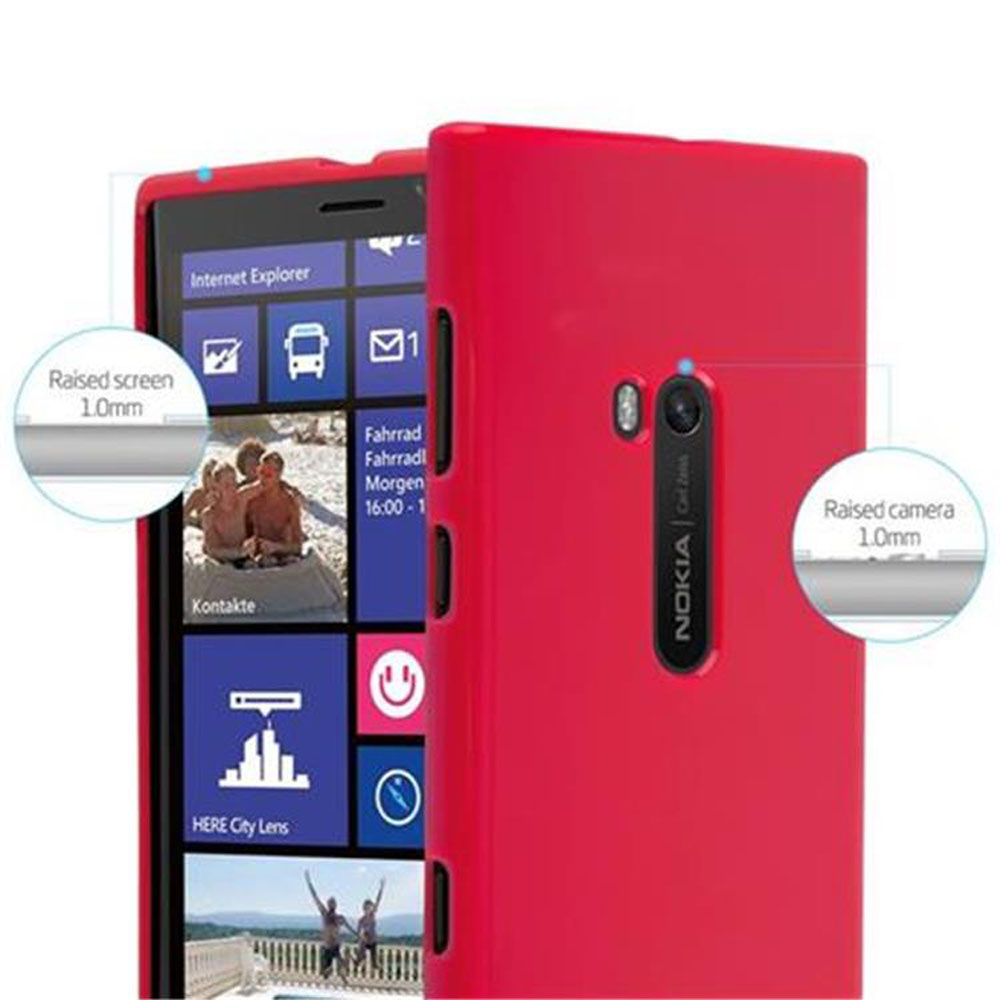 Telefono Nokia rosso con schermo e fotocamera rialzati di 1,0 mm. Le tessere mostrano foto e testo.