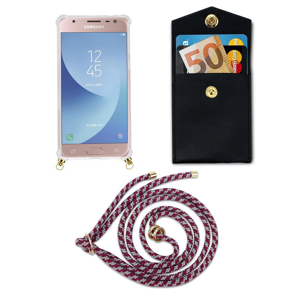 Uno smartphone in custodia, un portafoglio nero con carte e denaro, e un laccetto.