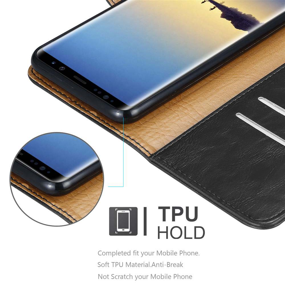 Uno smartphone in una custodia in pelle marrone e nera con supporto in TPU.