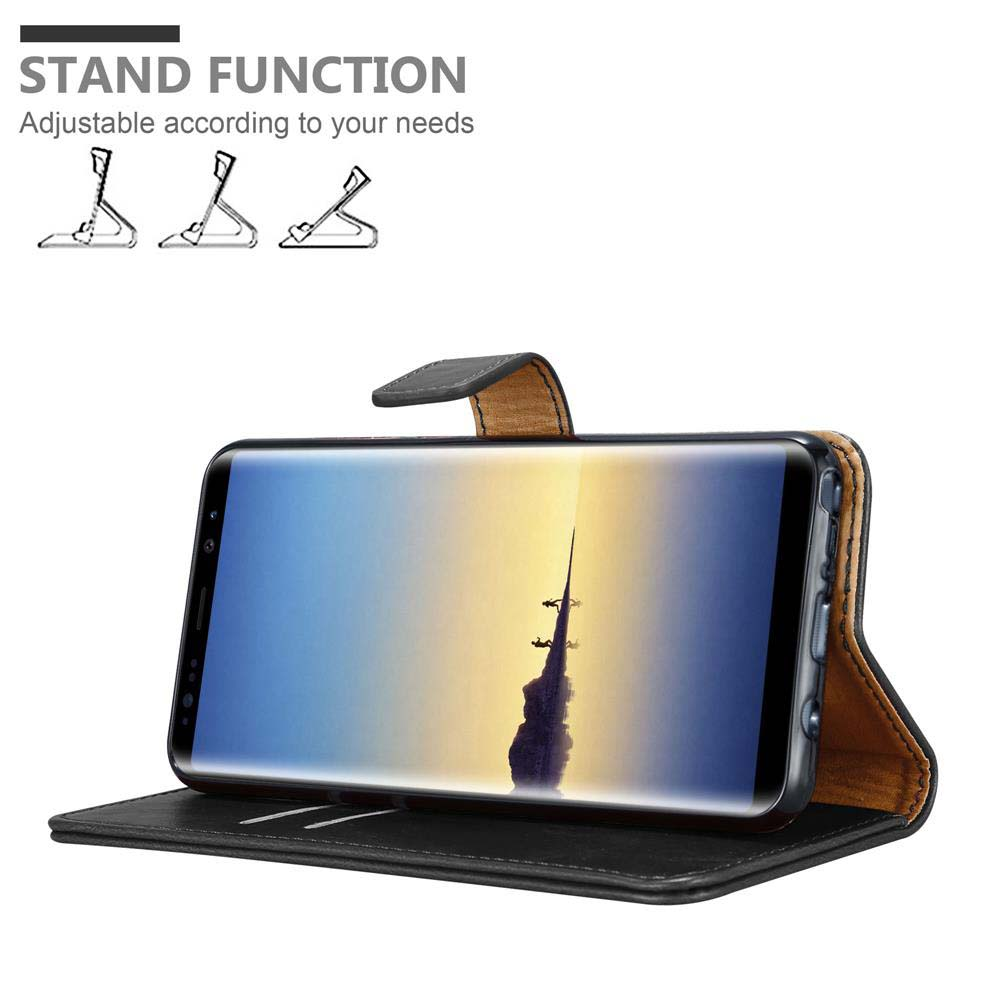 Smartphone in custodia di pelle nera con funzione stand, tre opzioni.