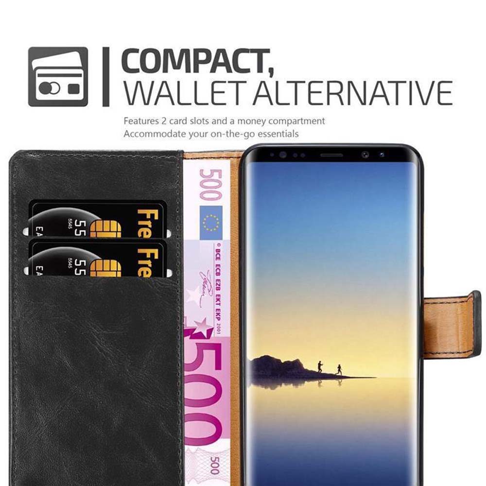 Custodia a portafoglio nera con 2 slot per carte, banconota da 500€ e smartphone.