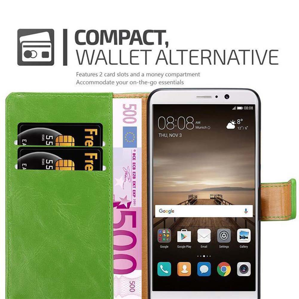 Grüne Brieftasche mit Handy, 2 Karten und 500-Euro-Schein.