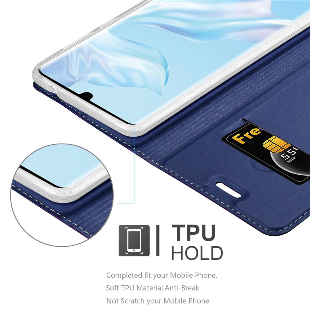 Blaues Handycover mit SIM-Karte und TPU-Halterung. Nahtdetails sichtbar.