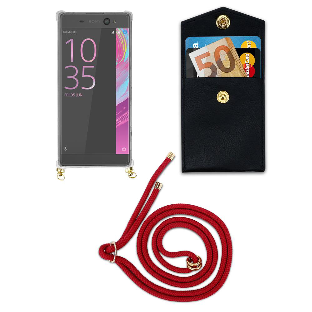 Smartphone mit Hülle, schwarzes Etui mit Karten und Geld, rotes Lanyard.
