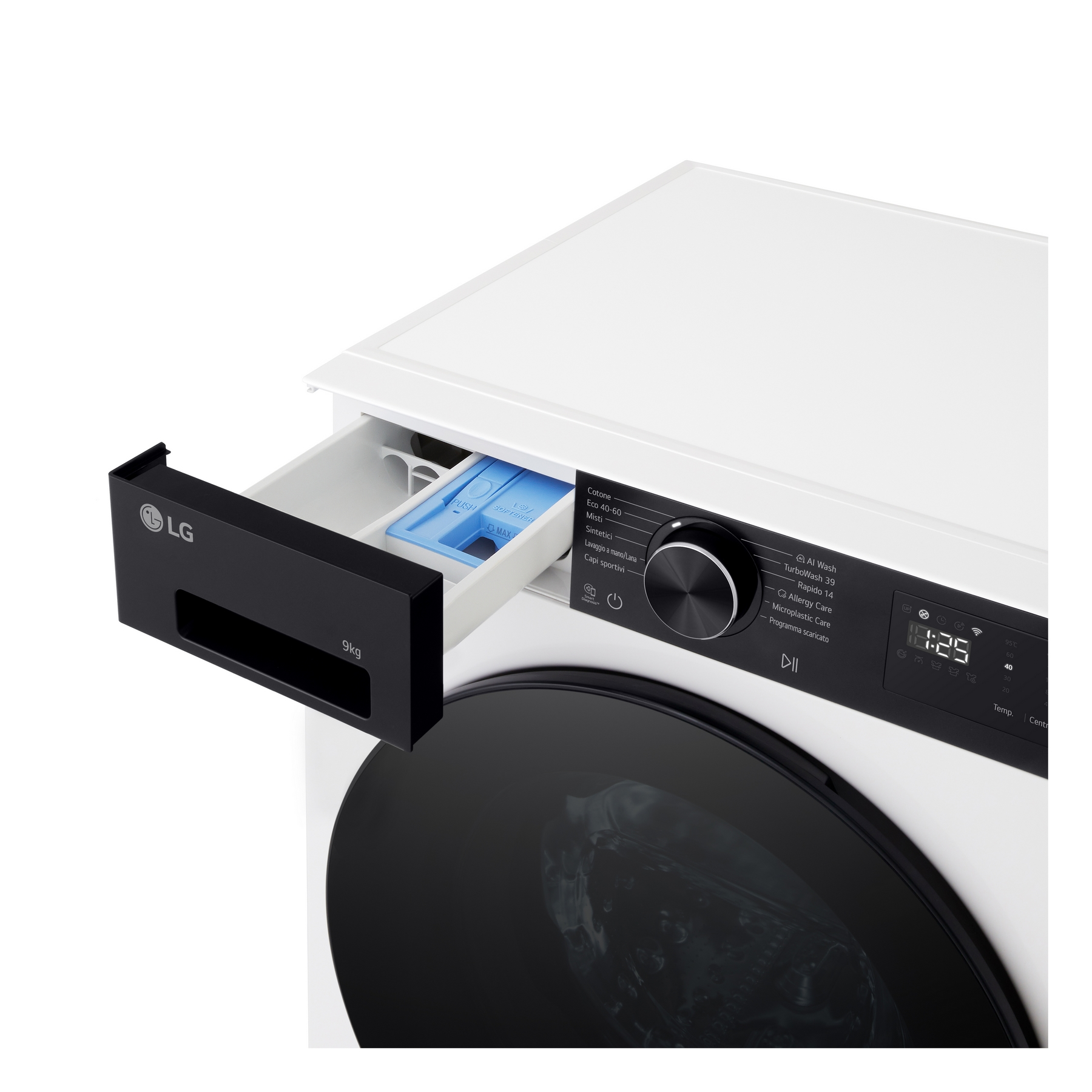 Lavatrice LG bianca con cassetto detersivo estratto e pannello di controllo.